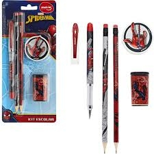 Kit Escolar Spider-Man com 2 Lápis, Borracha e Apontador Molin