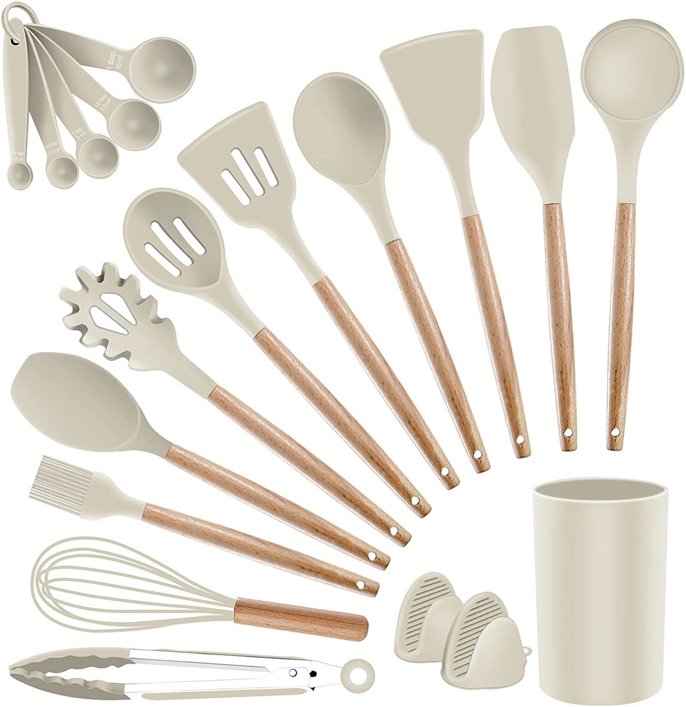 Kikcoin - Juego de 23 utensilios de cocina de silicona, mango de madera,  con soporte, espátulas de s…Ver más Kikcoin - Juego de 23 utensilios de