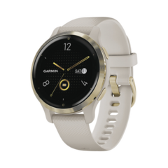 GARMIN Reloj Garmin Venu 2S color beige en bisel de acero inoxidable, con funciones premium como almacenamiento y reproducción de hasta 2000 canciones. 10-02429-01