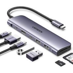 UGREEN HUB USB-C (Docking Revodok) 7 en 1 | 2 USB-A 3.0 | 1 USB-C 3.0 (5Gbps) | 1 USB-C PD Carga 100W | HDMI 4K | Lector Tarjetas SD + Micro SD (TF) Uso Simultáneo | Chip de Última Generación | Cable de Nylon Trenzado | Caja de Aluminio. 15214