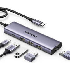 UGREEN HUB USB-C (Docking Station) 5 en 1 | HDMI 2.0 4K@30Hz | 3 USB-A 3.0 (5Gbps) | USB-C PD Carga 100W | Potente Disipación de Calor | Chip de Ultima Generación | Cable de Nylon Trenzado de 25 cm | Carcasa de Aluminio. 15596