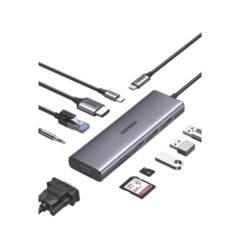 UGREEN HUB USB-C (Docking Station) 10 en 1 / 3 USB-A 3.0 (5Gbps) / USB-C PD Carga 100W / RJ45 (Gigabit Ethernet) / HDMI 2.0 4K@30Hz / VGA 1080P@60Hz / Lector de Tarjetas SD y MicroSD (TF) / Entrada Aux. 3.5mm / Carcasa de Aluminio. 15601