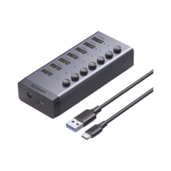 UGREEN HUB de 7 Puertos USB 3.0 / 4 puertos de Carga Inteligente / Interruptor Individual / Indicadores LED / USB 3.0 a 5Gbps / 1 USB-C Hembra (solo datos) / Incluye Adaptador de Corriente 12V 2A / 7 en 1 90305