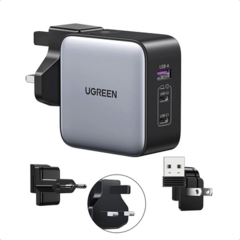 UGREEN Cargador Universal de Viaje 65W / Contiene 3 Enchufes Internacionales (EU/UK/US) / Serie Nexode / 3 Puertos de Carga Rápida / 2 USB-C / 1 USB-A / Tecnología GaN II / PD 3.0 / QC 4.0 / Carga Inteligente / Carcasa Ignifuga 90409