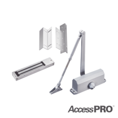 ACCESSPRO Kit para control de acceso incluye Chapa magnética de 600Lbs / Montajes L y Z / Cierra puerta para 45-65Kg. MOD: ACCESSKIT600N