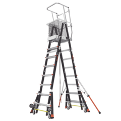 Little Giant Ladder Systems Escalera de Fibra de Vidrio con Jaula y Peldaños de Aluminio de 8'-14' (2.44 - 4.27 m). Sin Ajuste en Ruedas (RATCHET™ Leveler) (SKU:18515-240). CAGE-8-FT