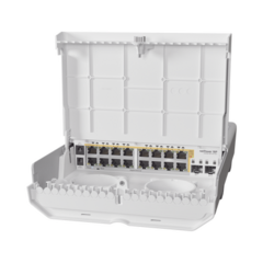 MIKROTIK (netPower 16P) Switch administrable Sistema Operativo Dual, 16 puertos c/PoE, 2 puertos 10G SFP+ para Exterior MOD: CRS318-16P-2S+OUT