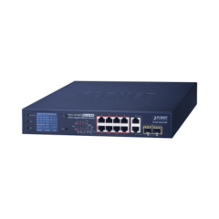 PLANET Switch PoE+ / distancia 250 metros / 8 puertos + 2 combo TP/SFP gigabit y pantalla LCD para monitoreo MOD: FGSD-1022VHP