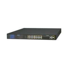 PLANET Switch no administrable PoE+ Extended, Aislamiento VLAN de 16 puertos + 2 combo TP/SFP Gigabit y Pantalla MOD: FGSW-1822VHP