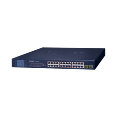 PLANET Switch PoE de 24 Puertos Gigabit 802.3af/at con Modo Extendido 250 m, 2 Puertos SFP 1000SX , Pantalla LCD para Configuración Básica, Hasta 300 W para PoE GSW-2620VHP