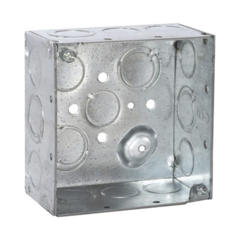 RACO Caja Cuadrada Galvanizada de 4" x 4", profundidad de 2 1/8". Cuenta con 10 KO de 1/2" y 6 TKO (1/2" - 3/4")) HUB-232