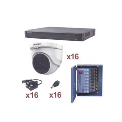 HIKVISION KIT TurboHD 1080p / DVR 16 Canales / 16 Cámaras Turret con Audio Integrado (Exterior 2.8 mm) / Transceptores / Conectores / Fuente de Poder Profesional MOD: KH1080P16DW