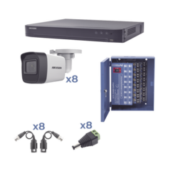 HIKVISION KIT TurboHD 1080p / DVR 8 Canales / 8 Cámaras Bala (exterior 2.8 mm) / Transceptores / Conectores / Fuente de Poder Profesional hasta 15 Vcc para Larga Distancia MOD: KH1080P8BW