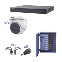 HIKVISION Kit TURBOHD 1080p / DVR 8 Canales / 8 Cámaras Turret (exterior 2.8 mm) / Conectores / Transceptores / Fuente de Poder Profesional hasta 15 Vcc para Larga Distancia MOD: KH1080P8DW