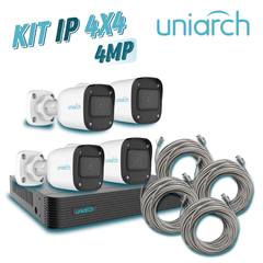 UNIARCH BY UNV KIT 4X4 UNIARCH IP EXTERIOR BULLET 4MP INCLUYE 1 NVR POE 4PTOS + 4 CAM BULLET IP 4MP 2.8MM SLOT MICROSD + 4 CABLES PREPONCHADOS DE 18MTS KIT 1 x NVR-104E2-P4 + 4 x IPC-B124-APF28K + 4 x ENS-IP18CAT6