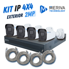 MERIVA TECHNOLOGY KIT 4X4 IP INTERIOR/EXTERIOR BULLET 2MP 1080P INCLUYE 1 NVR POE 4PTOS + 4 CAM BULLET IP 2MP 2.8MM / CABLES PREPONCHADOS DE 18MTS KIT 1x MNVR-1644-4P + 4x MOB-201S3L + 4x ENS-IP18CAT6