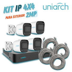 UNIARCH BY UNV KIT 4X4 UNIARCH IP EXTERIOR BULLET 2MP 1080P INCLUYE 1 NVR POE 4PTOS + 4 CAM BULLET IP 2MP 2.8MM SLOT MICROSD + 4 CABLES PREPONCHADOS DE 18MTS KIT 1 x NVR-104E2-P4 + 4 x IPC-B122-APF28K + 4 x ENS-IP18CAT6