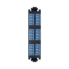 SIEMON Placa acopladora de Fibra Óptica Quick-Pack, Con 6 Conectores LC/UPC con conectores “Shuttered” Quad (24 Fibras), Para Fibra Monomodo, Azul, incluye tapas cubre polvo abatibles integradas por cada conector. MOD: RIC-F-LSU24-01C