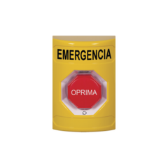 STI Botón de Emergencia en Español, Color Amarillo, Acción Mantenida, Girar para Restablecer y LED Multicolor MOD: SS-2209EM-ES