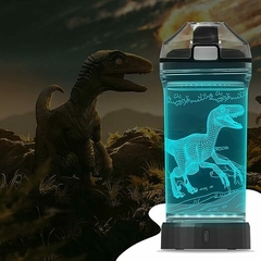 Botella de agua brillante en 3D velociraptor en internet