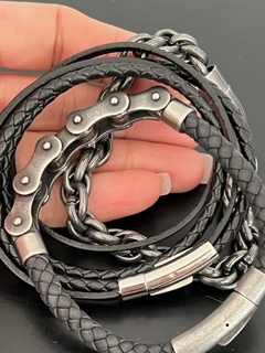 PULSERA CADENA DE MOTO ACERO Y CUERO SATIN - tienda online