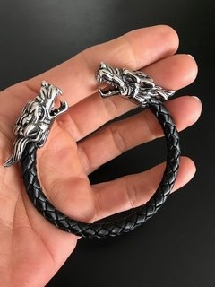 *Esclava cable de acero con cuero trenzado DRAGONES - CO&CO Joyeria & Diseño