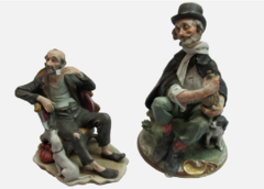 dos figuras de cerámica Nápoles hombre con perro sentado sin hogar borrachos estado