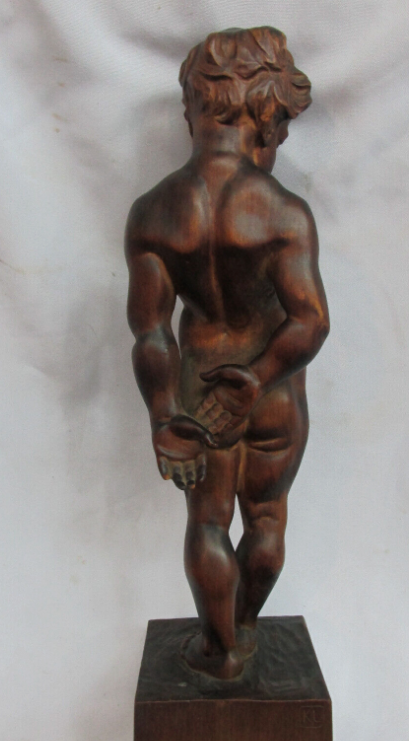 Antigua talla en madera KL niño Miguel Ángel estilo renacentista nudismo niño Silfo - Polo Antiguo - Antigüedades en Argentina