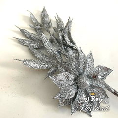 Pick Rama con Flor y Hojas Glitter Plata - comprar online
