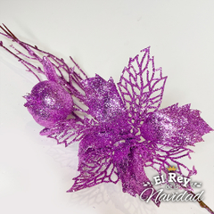 Pick Glitter Lila con Flor y frutos 40cm - El Rey de la Navidad