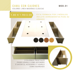 Cama 2 plazas (1.80 x 1.90 / 2.00)  con Cajones +  Botineros - Colores Maderas Clásicas - comprar online