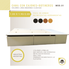 Cama 2 plazas (1.80 x 1.90 / 2.00)  con Cajones +  Botineros - Colores Maderas Clásicas en internet