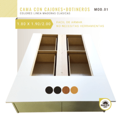 Cama 2 plazas (1.80 x 1.90 / 2.00)  con Cajones +  Botineros - Colores Maderas Clásicas - Madersic
