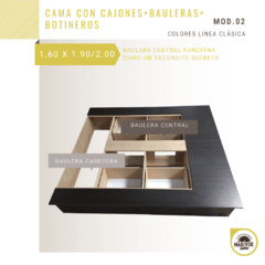 CAMA 2 PLAZAS Queen (1.60 x 1.90/2.00) con Cajones + Botineros + Doble Baulera COLOR MADERAS - comprar online