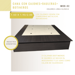 CAMA 2 PLAZAS Queen (1.60 x 1.90/2.00) con Cajones + Botineros + Doble Baulera COLOR MADERAS en internet