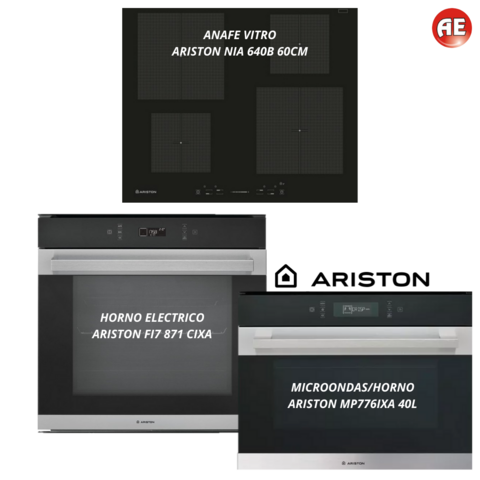 COMBO ARISTON HORNO ELECTRICO PIROLITICO EMPOTRABLE + MICROONDAS/HORNO EMPOTRABLE 40L + ANAFE VITRO INDUCCION (6446-7871-7764)