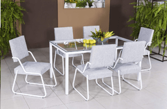 Conjunto Sala de Jantar Mesa Tampo Vidro e 6 Cadeiras Aço Pérola Modecor Branco/Cinza