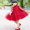 Dress POÁ Vermelho com manga bufante longa Sob-Medida 1 à 12 anos com babado franzido na saia ref. lm0590