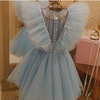 Dress Vintange Azul Poá Sob-Medida de 1 à 12 anos sem babados franzidos na barra - plumas em V somente nas costas ref. lm0503