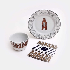 KIT FOODIE · CUENCO + PLATO + PAÑUELO OSOS MARRON