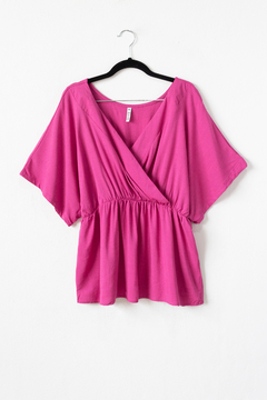Blusa KARINA, Blusa de lino cruzada con elástico de ajuste en cintura - tienda online