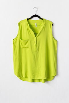 Blusa MAITE, Blusa de lino elastizado de cuello mao sin mangas y con bolsillo plaqué en internet