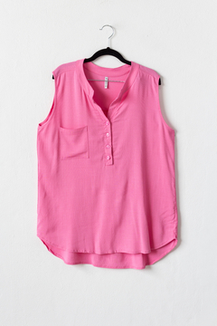 Blusa MAITE, Blusa de lino elastizado de cuello mao sin mangas y con bolsillo plaqué en internet