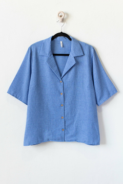 Camisa ARACELI, Camisa de lino rayado con solapa y manga corta - comprar online