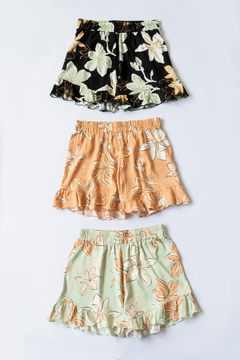 Short DIANA, Short de lino estampado con cintura elástica y volados en diagonal - tienda online