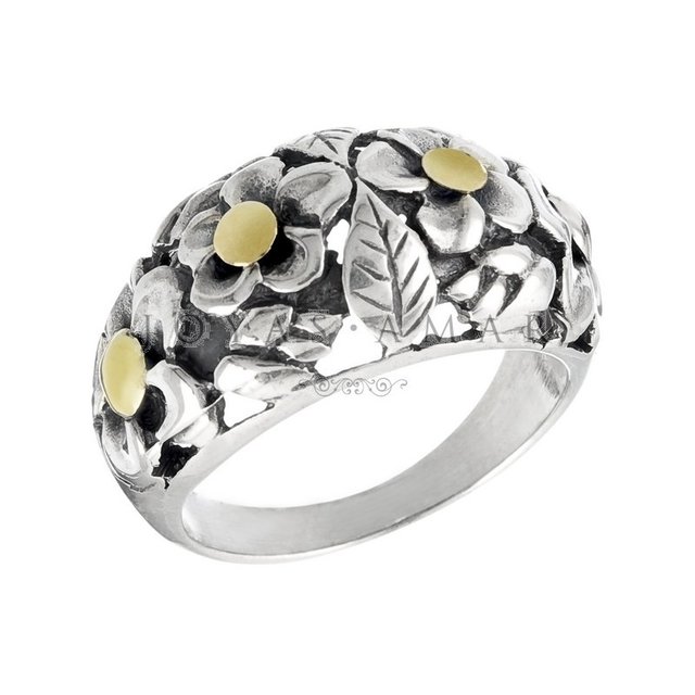 Anillo bomb Flores y hojas Plata y Oro Joyas Amar