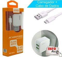 Carregador Parede Kaidi 2 USB 2.4A + Cabo Tipo C - KD301C - comprar online