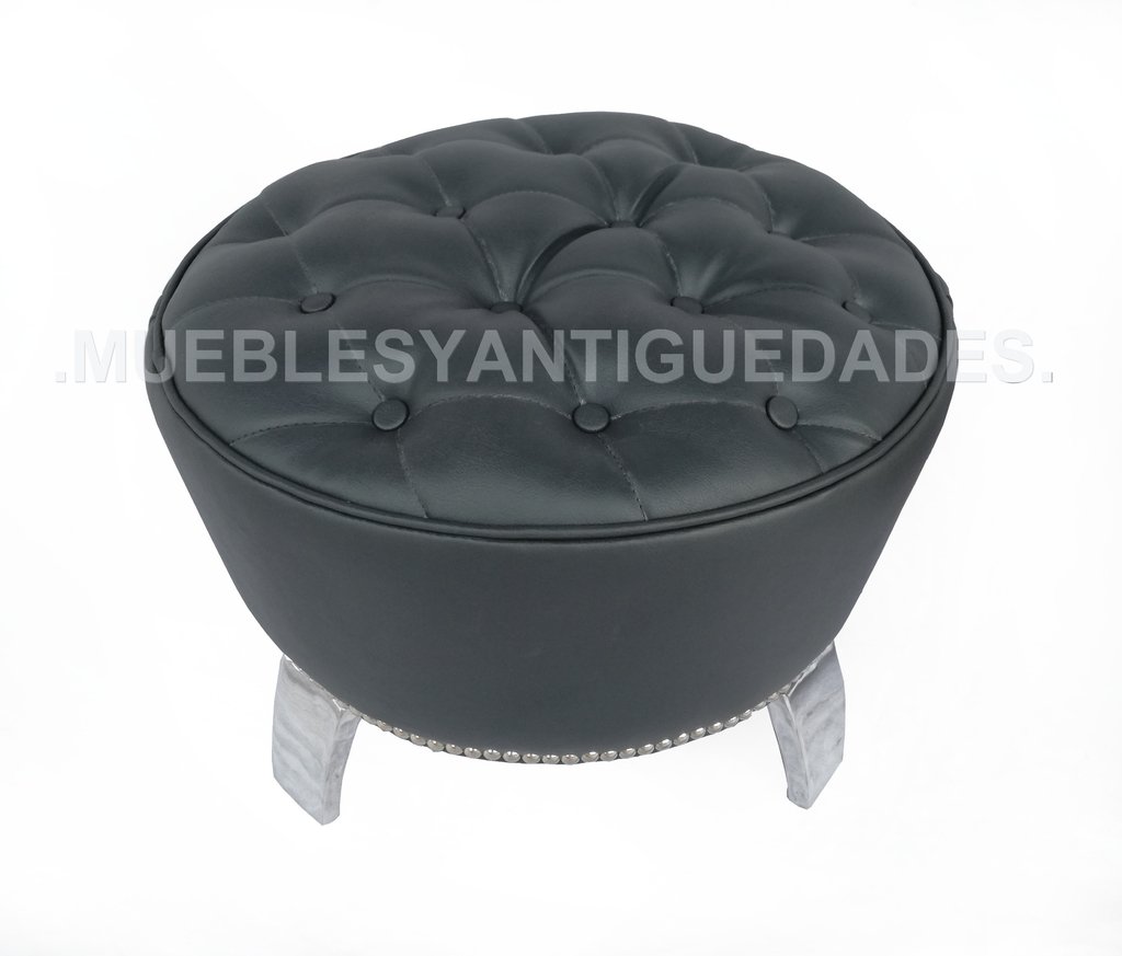 603361 Puff redondo de diseño moderno Ø63 tapizado gris oscuro con capitoné  y patas metal negro