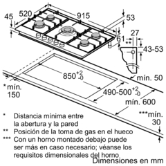 Anafe a gas Bosch 90cm, 5 hornallas, parrillas de hierro fundido - PCR9A5B90