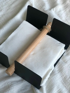 Servilletero de hierro blanco/negro con pesa madera bamboo - Chez Deco